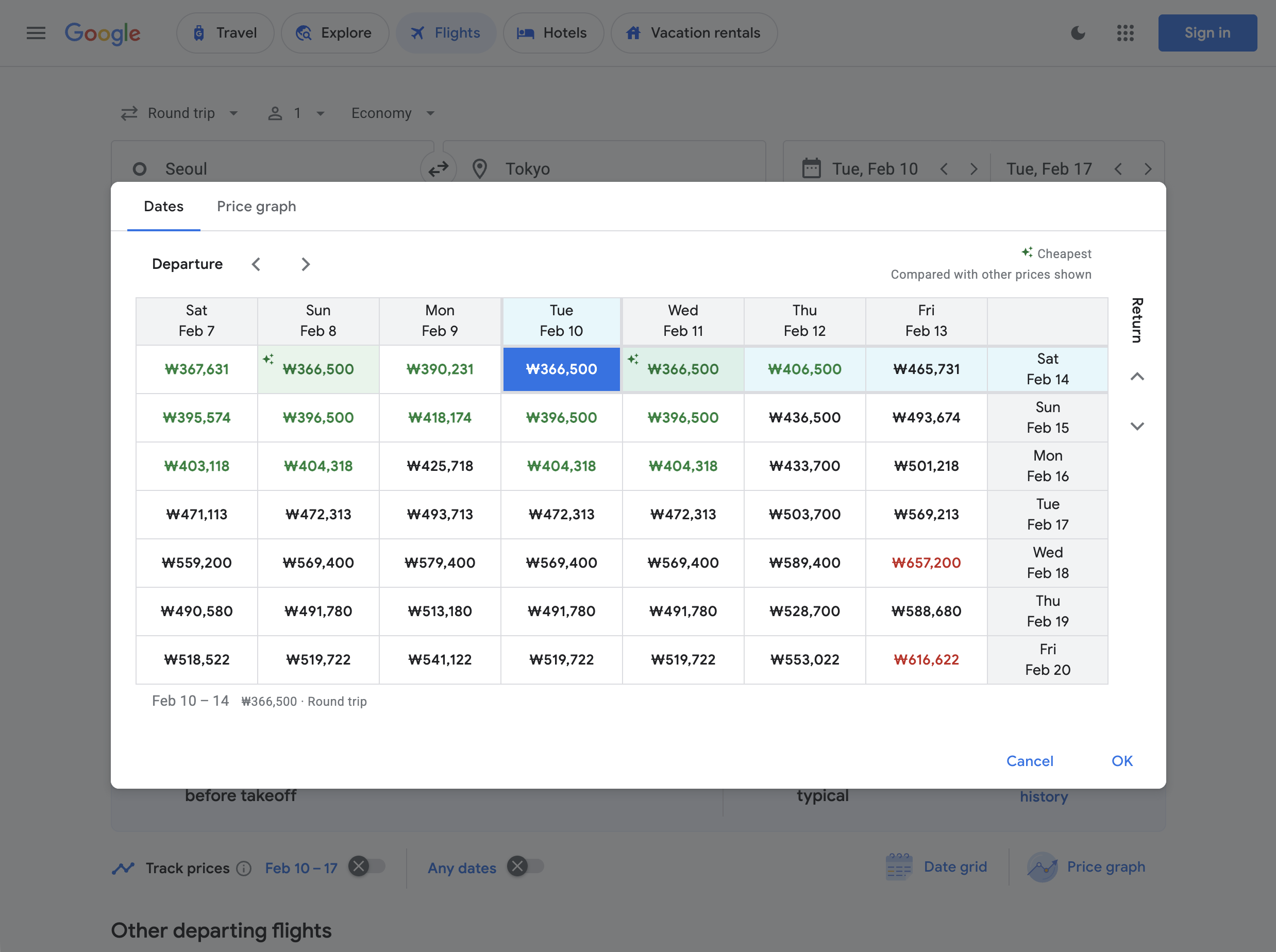 Google Flights Date Grid - Seoul to Okinawa Example