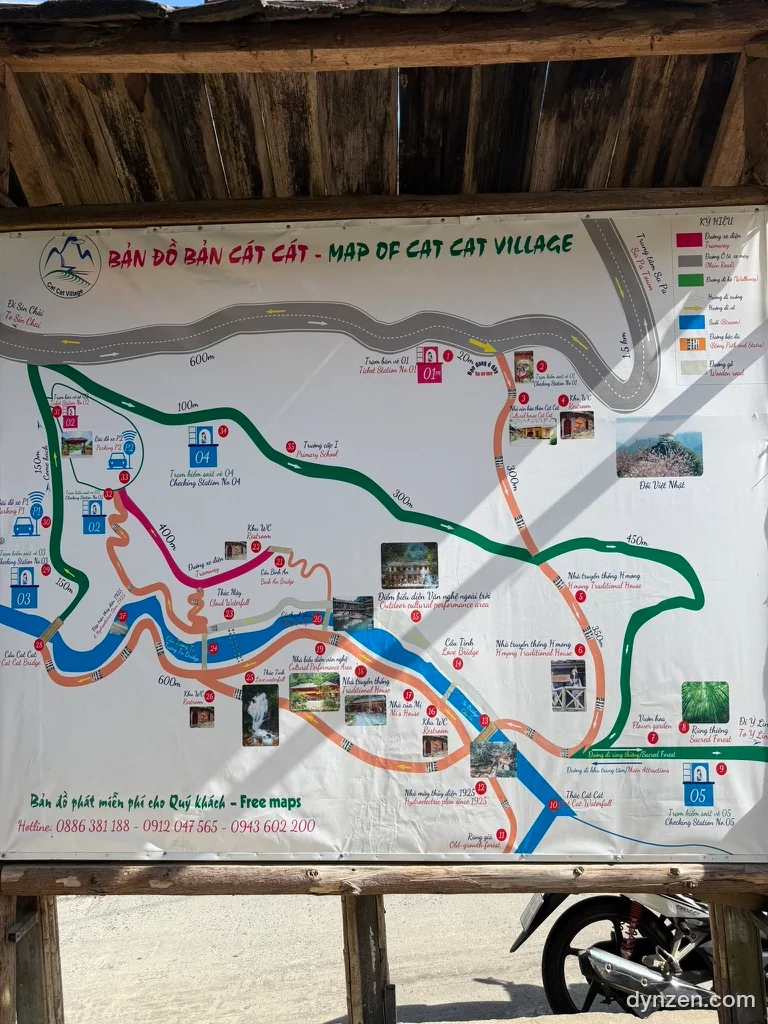 The Cat Cat Village guide map, with ticket offices 1, 2 and 3, the stream, a waterfall and an open-air stage joined by colored paths