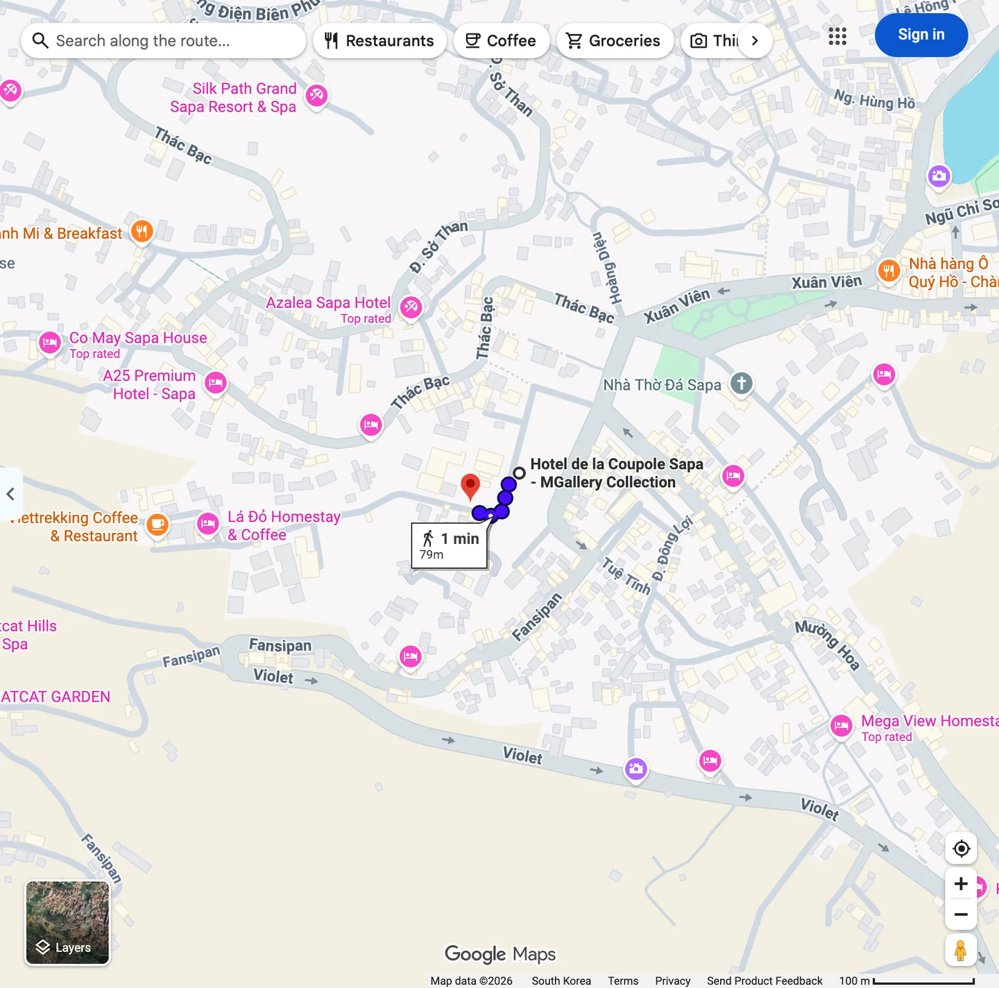 Google Maps walking route, 79m and 1 minute from Hôtel de la Coupole to A Beo Sapa Restaurants