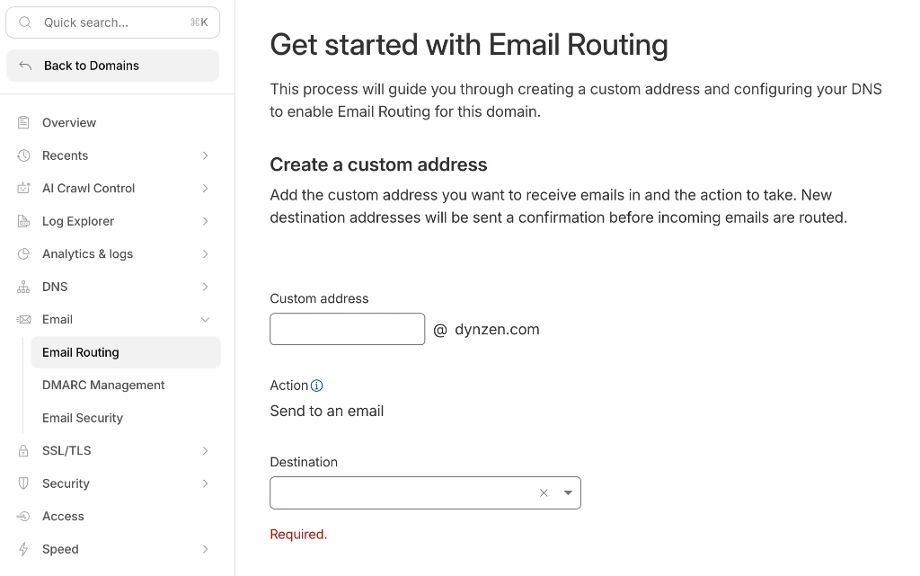 Cloudflare Email Routing 설정 화면