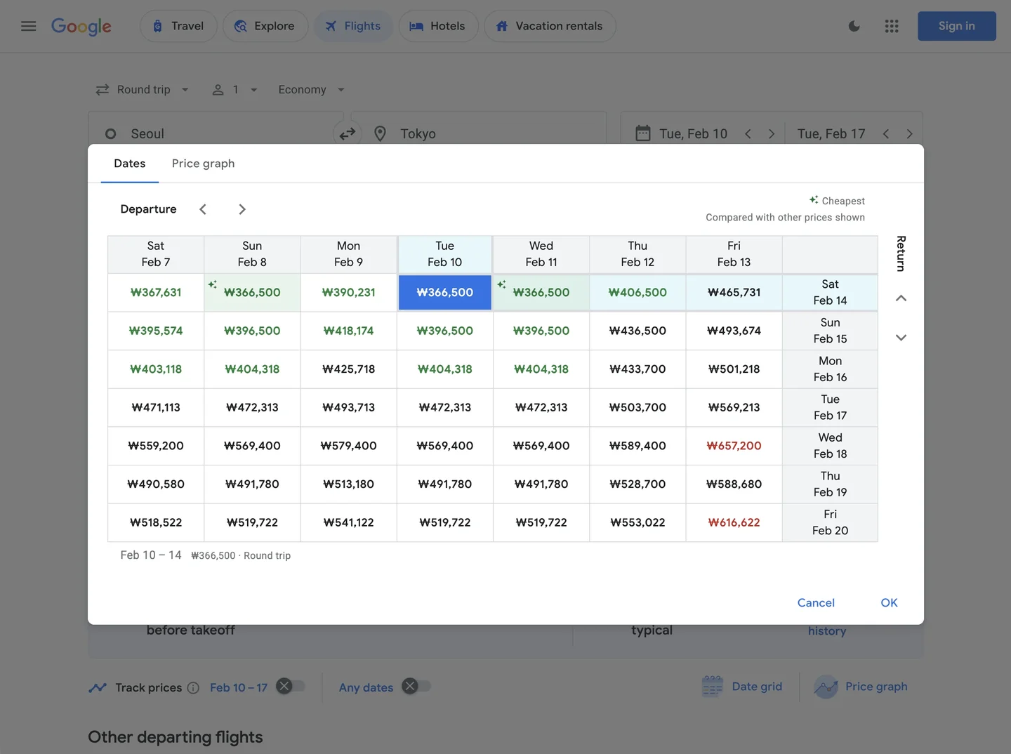 Google Flights Date Grid - Seoul to Okinawa Example