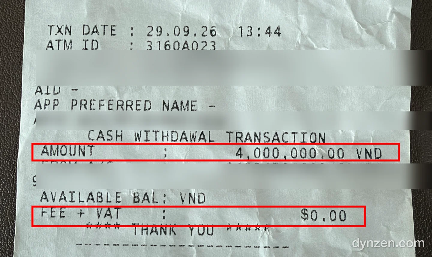 Agribank ATM receipt, FEE + VAT $0.00 boxed in red