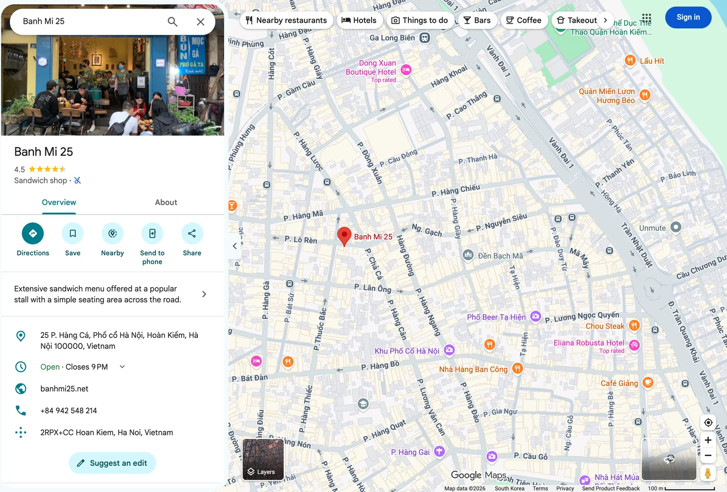 Google Maps location of Banh Mi 25 on Hang Ca Street