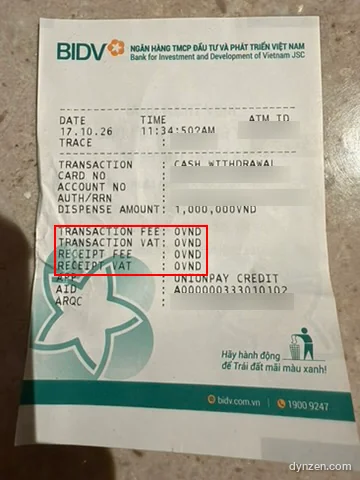 BIDV ATM receipt, TRANSACTION FEE, VAT and RECEIPT FEE at 0VND boxed in red