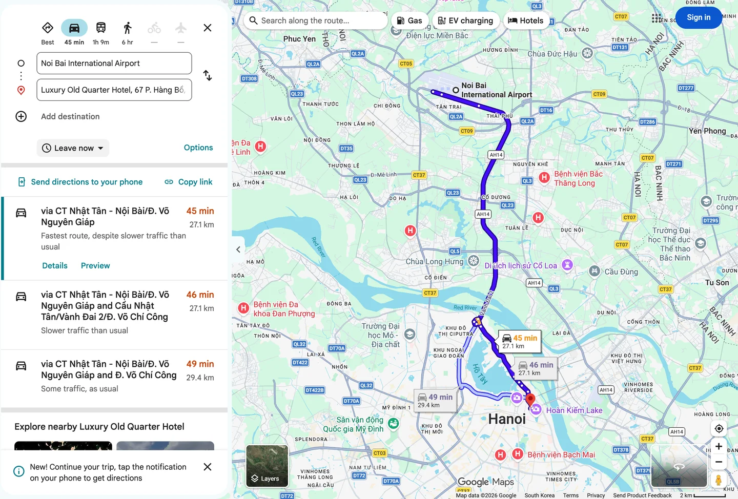 Driving route from Noi Bai International Airport to Luxury Old Quarter Hotel, 45 minutes, 27.1 km