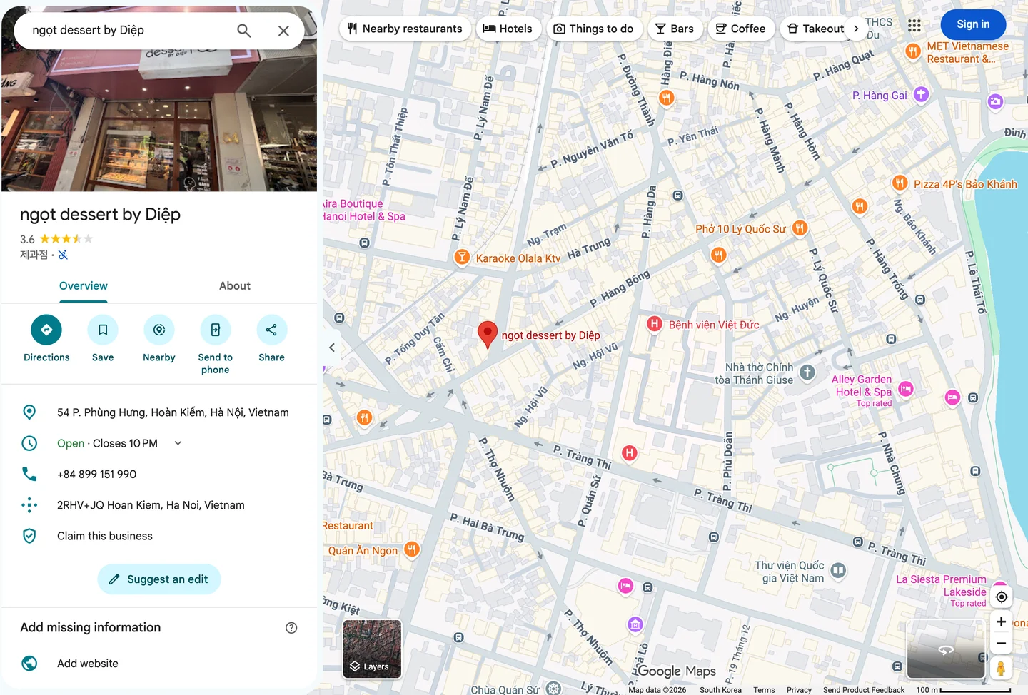 Google Maps listing for ngọt dessert by Diệp, 54 Phung Hung