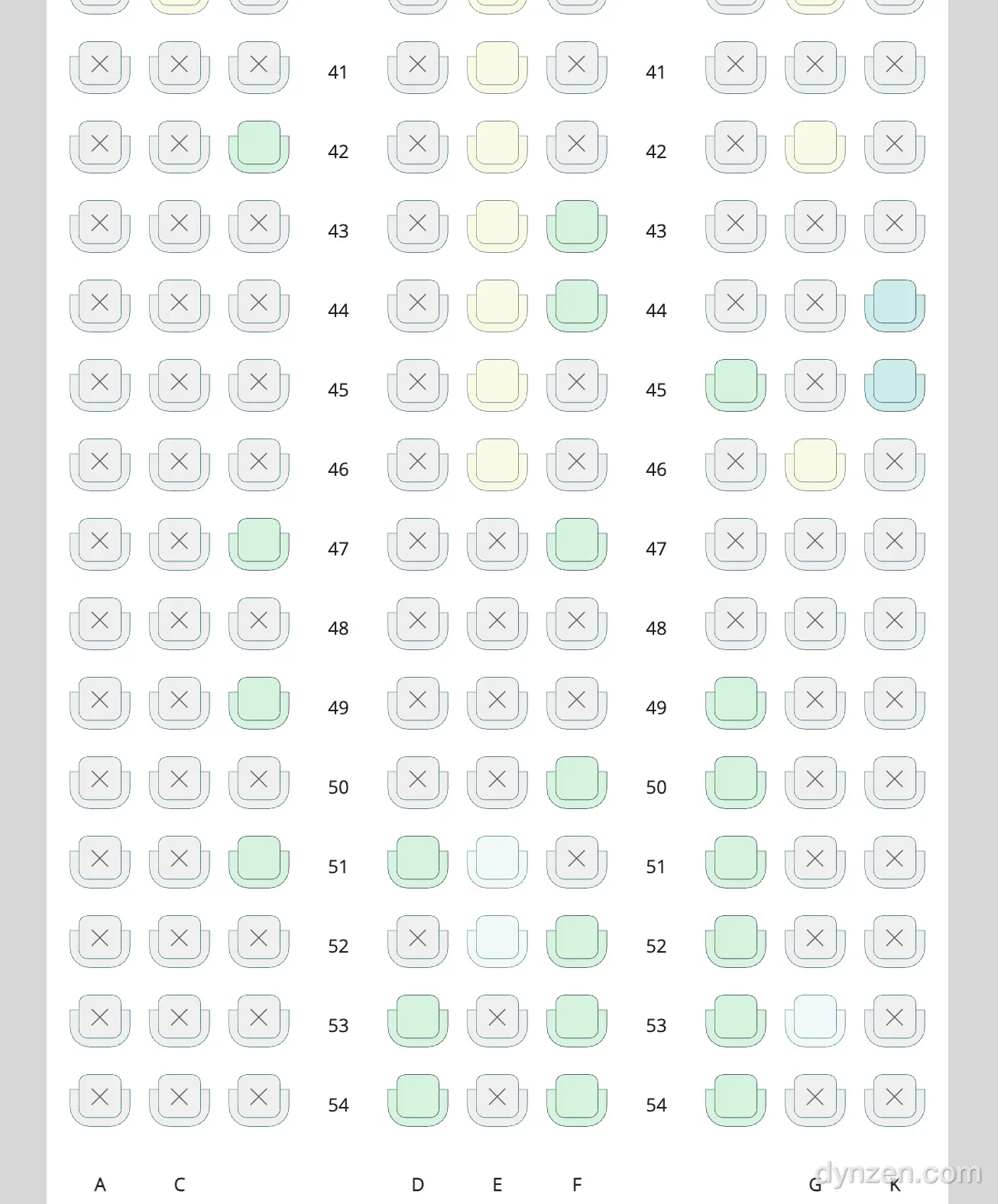 Vietnam Airlines seat map, rear section, free seats in the middle columns