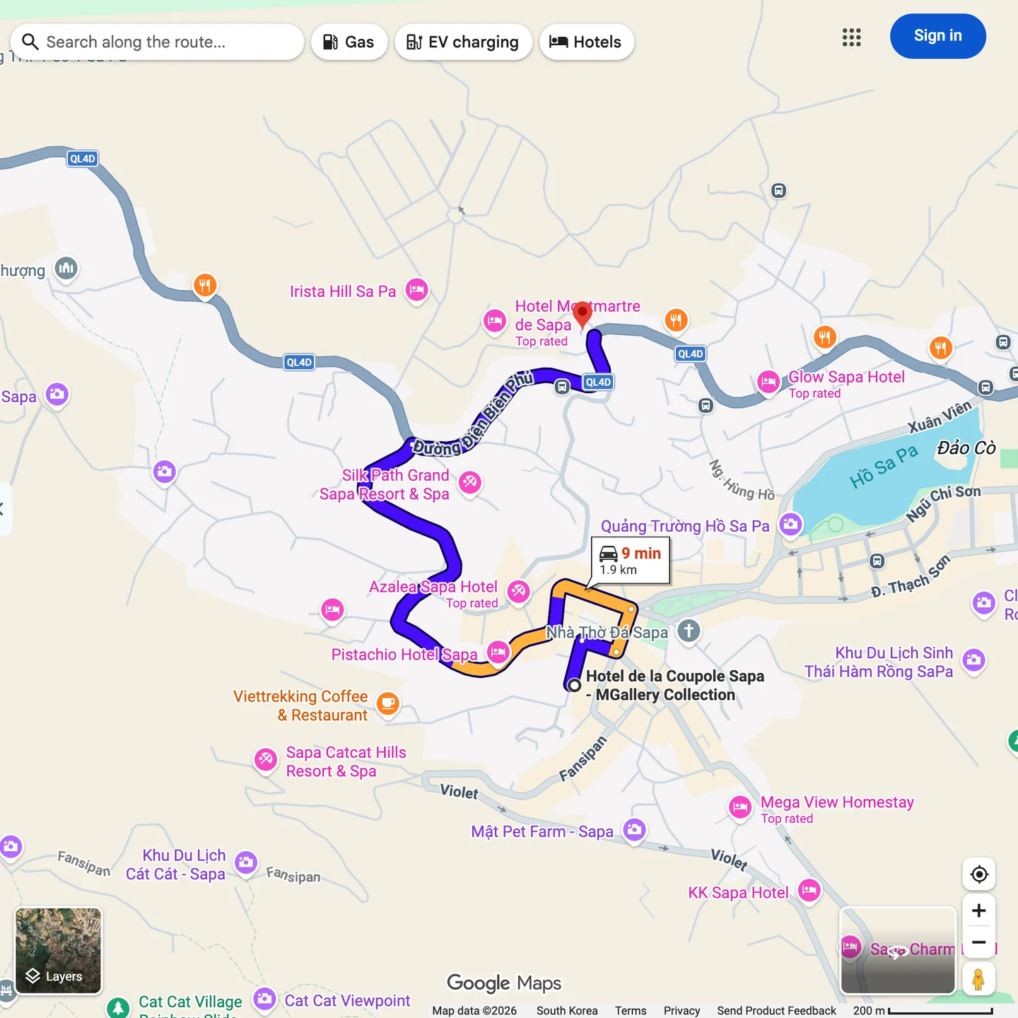 Google Maps route from Hôtel de la Coupole Sapa to HK Buslines - Sapa Office, a purple line climbing around a hill road, 8 min, 1.9 km