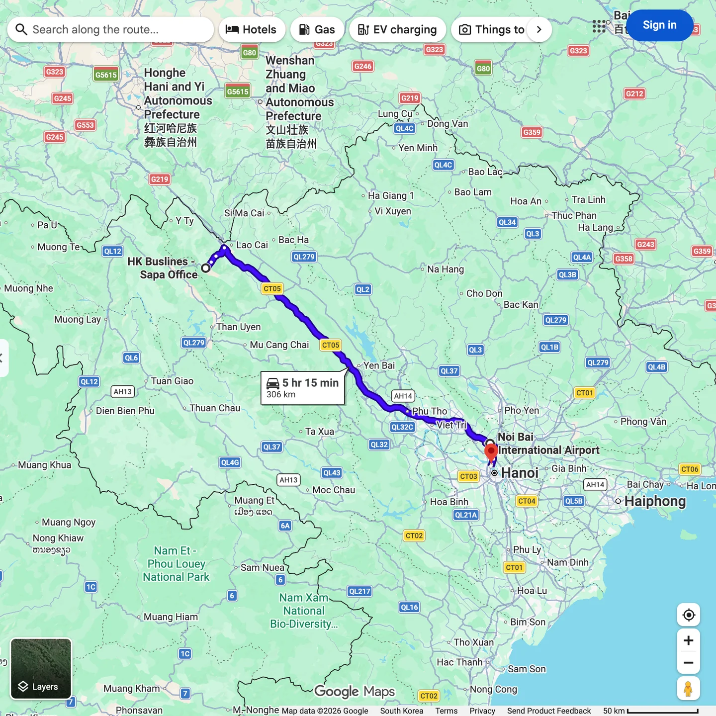 Google Maps route from HK Buslines - Sapa Office through Noi Bai International Airport to Lotte Mall in Hanoi, a purple line along the expressway, 5 hr 15 min, 306 km