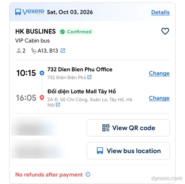 Vexere booking details, HK BUSLINES VIP Cabin bus, departing 10:15 from 732 Dien Bien Phu Office, arriving 16:05 at Đối diện Lotte Mall Tây Hồ