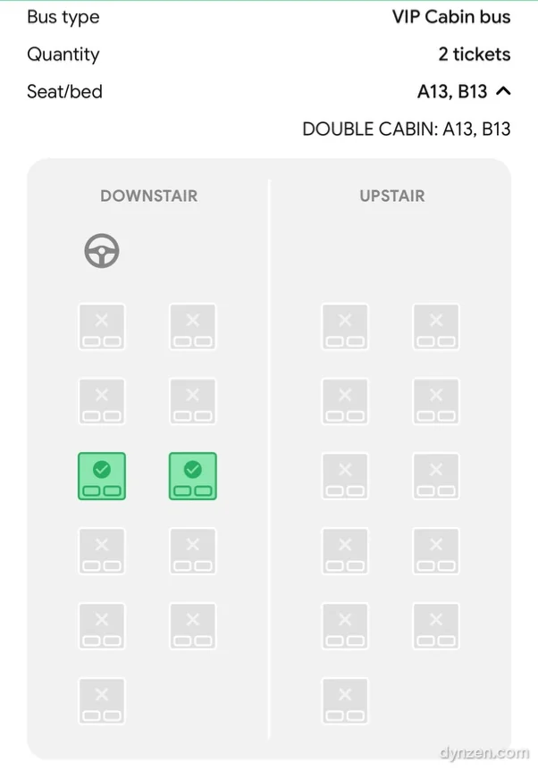Vexere seat map, two double cabins in the middle of the lower deck (DOWNSTAIR) selected in green