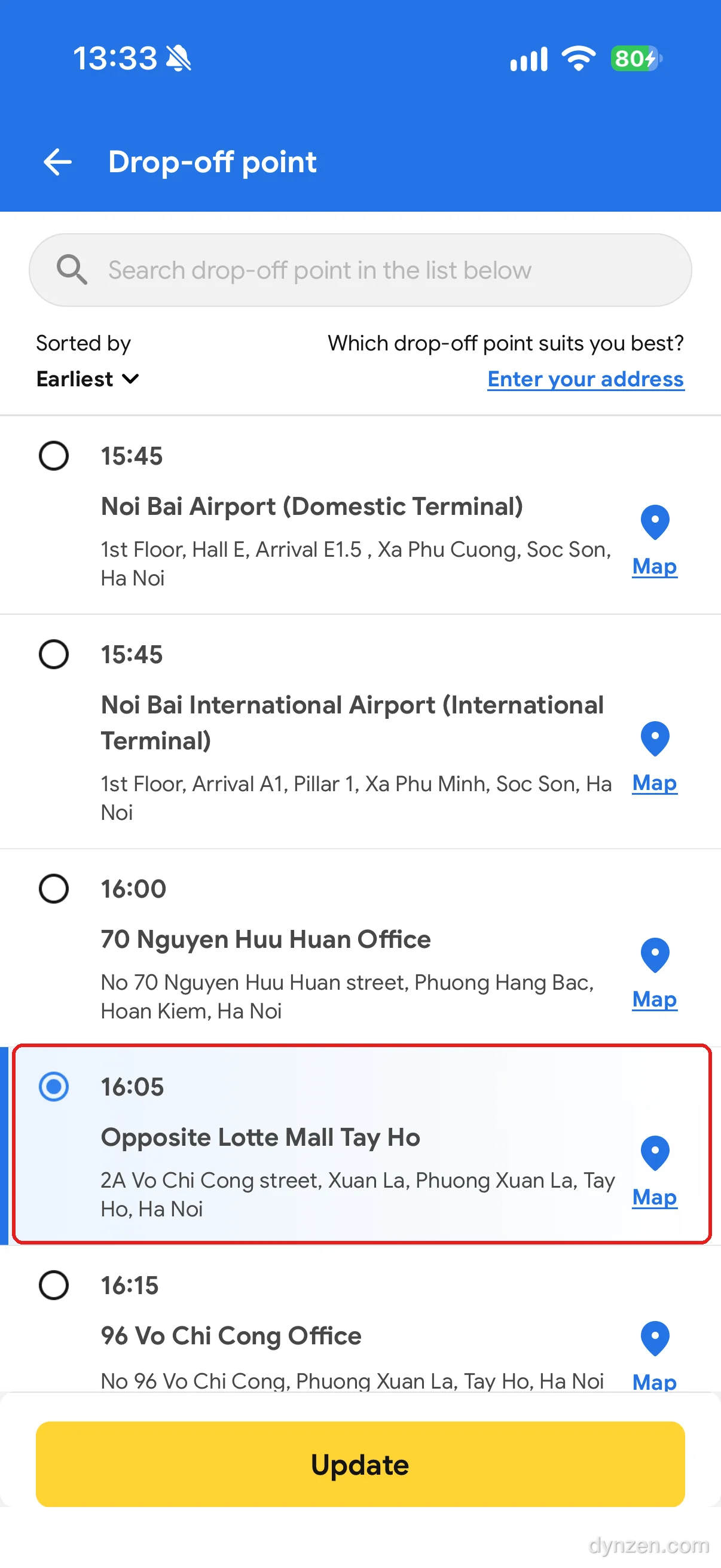 The Vexere drop-off point list: 15:45 Noi Bai domestic and international terminals, 16:00 70 Nguyen Huu Huan Office, 16:05 Opposite Lotte Mall Tay Ho (selected, red box), 16:15 96 Vo Chi Cong Office, with an Update button at the bottom