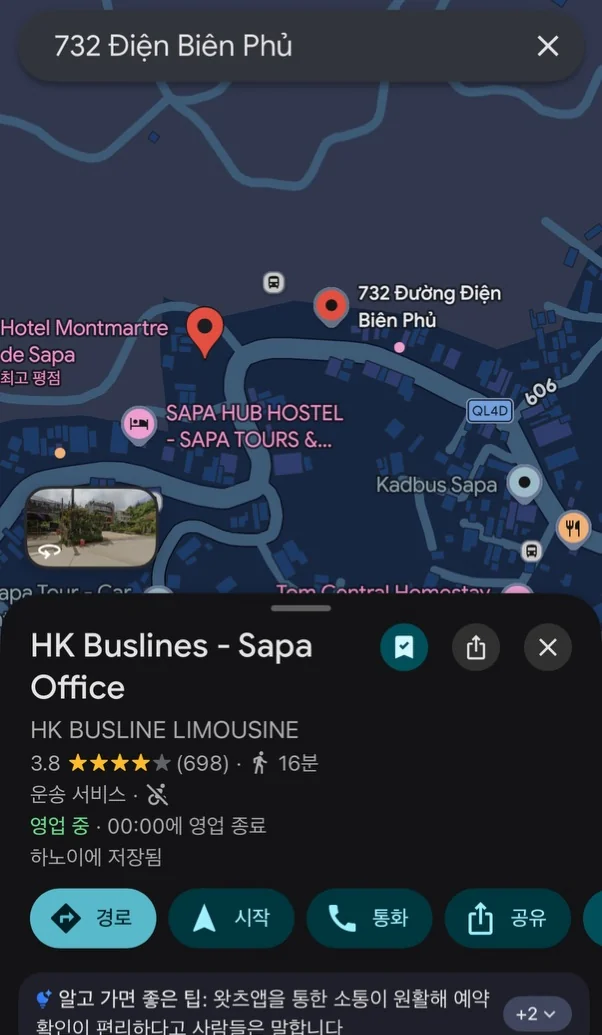 Google Maps screen with a ‘732 Đường Điện Biên Phủ’ pin and an ‘HK Buslines - Sapa Office’ pin placed apart from each other