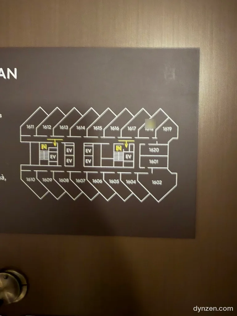 The floor plan of L7 West Lake, pentagon-shaped rooms with pointed outer ends lined up at an angle like saw teeth