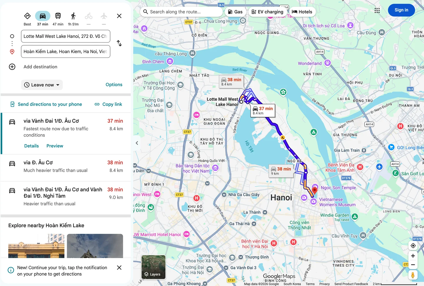 Google Maps route, a purple line from Lotte Mall West Lake on the north of West Lake, along the east side of the lake to Hoan Kiem Lake, 8.4km