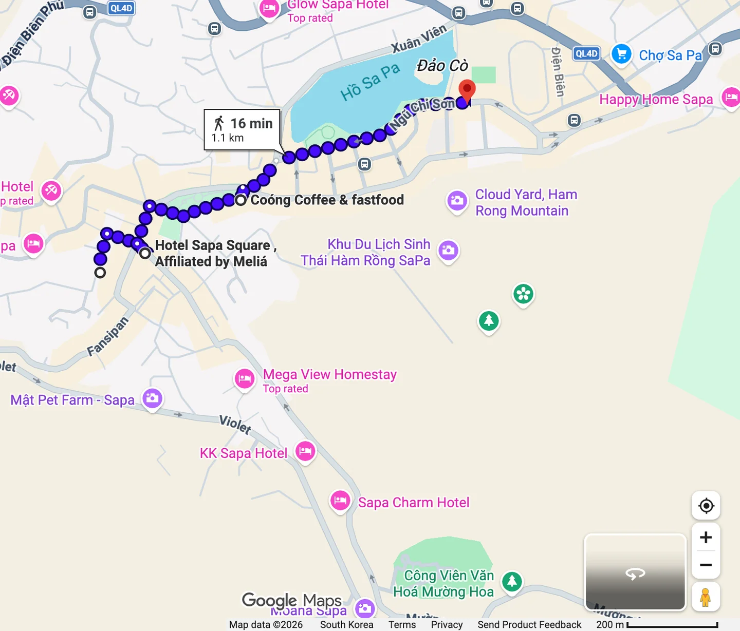 Walking route map of Sapa town, from Hôtel de la Coupole past Hotel Sapa Square and Coóng Coffee to Xuân Trường Supermarket by Sapa Lake, 1.1km