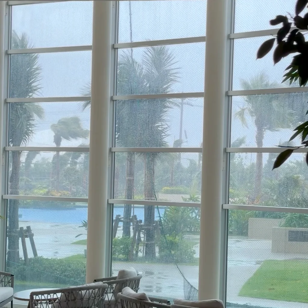 Grand Mercure Zanpa lobby window on the day the typhoon came through