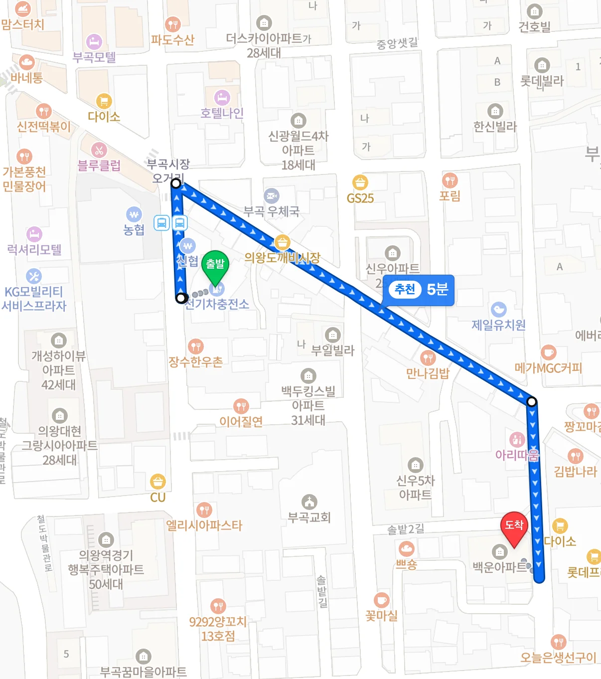 의왕도깨비시장공영주차장에서 부곡시장 오거리를 지나 도깨비시장 길을 따라 도깨비반점까지 이어지는 파란 도보 경로